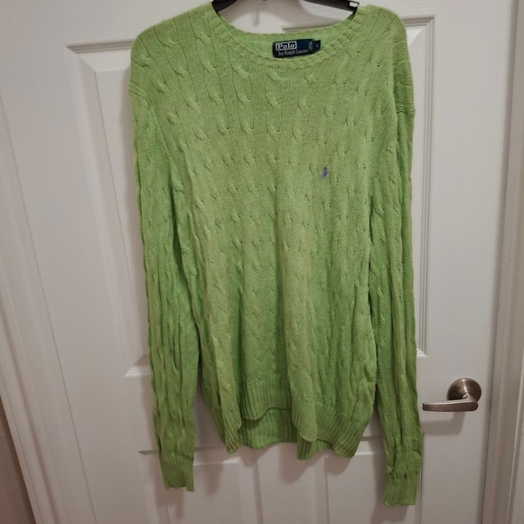 Polo Ralph Lauren Sweaters - Polo Ralph Lauren Cable Knit Silk Sweater L Green Crew Neck Long Sleeve Logo